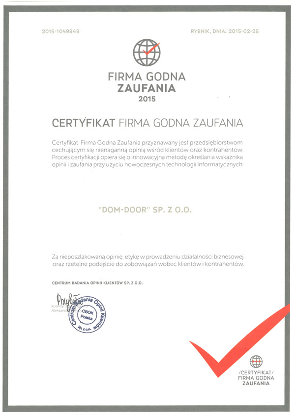 Certyfikat "Firma Godna Zaufania"